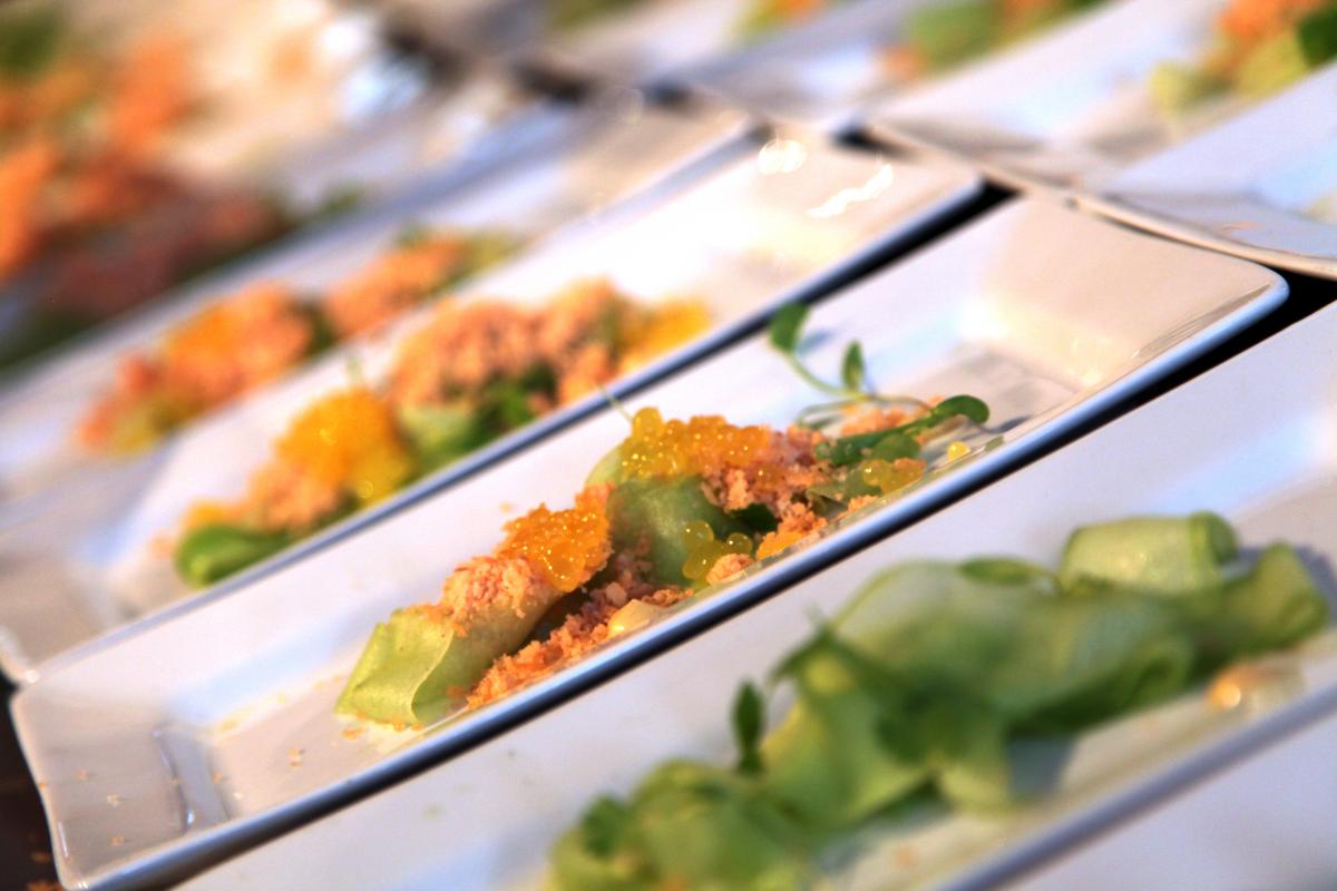 Salmon granita, mango, cucumber and red onion dust